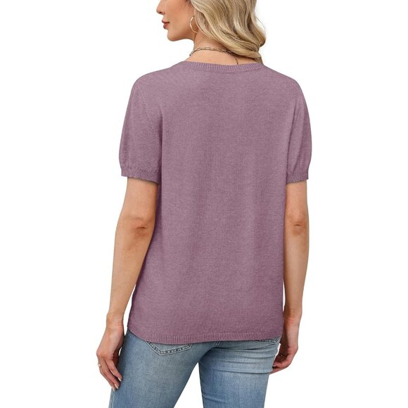 Women Short Sleeve Purple Sweater Round Neck Summer Work Beach Vacation Top - Picture 5 of 5